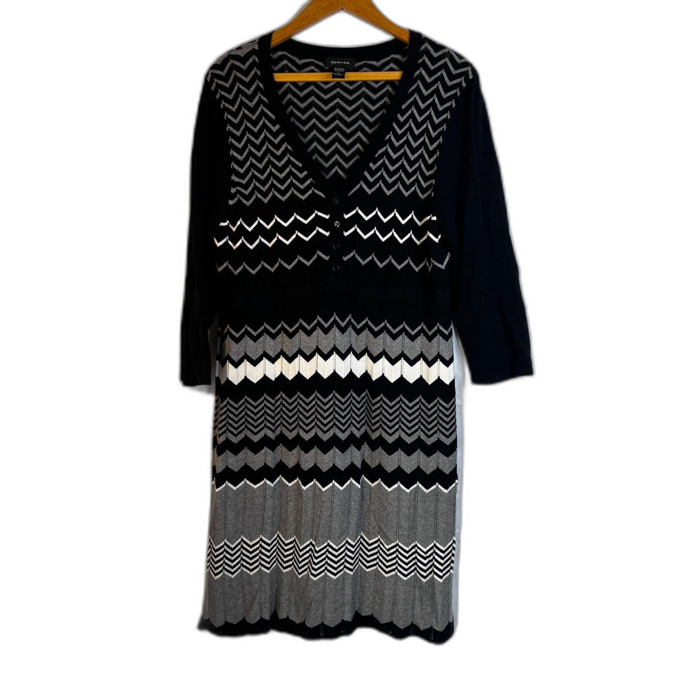 Spense Chevron Print Knit Sweater Dress Preppy Vneck Lightweight Size Large